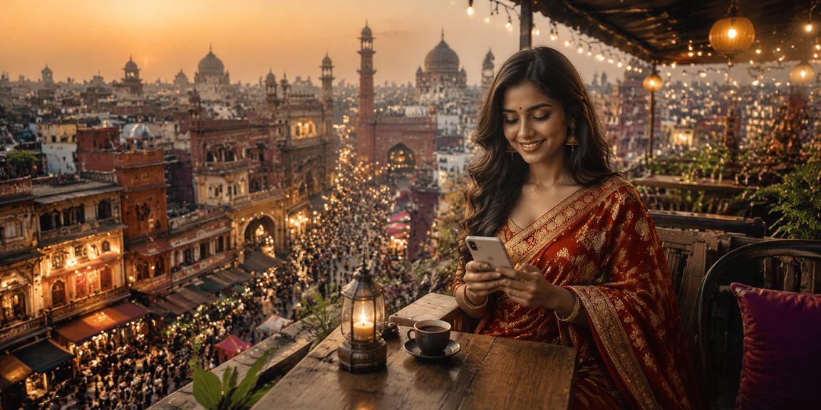 Woman playing rummy on smartphone in Indian urban setting
